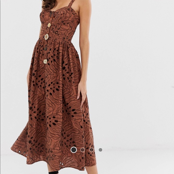 ASOS Brown Eyelet Bustier Midi Dress with Mismatch Buttons - New, never worn. - Picture 4 of 9